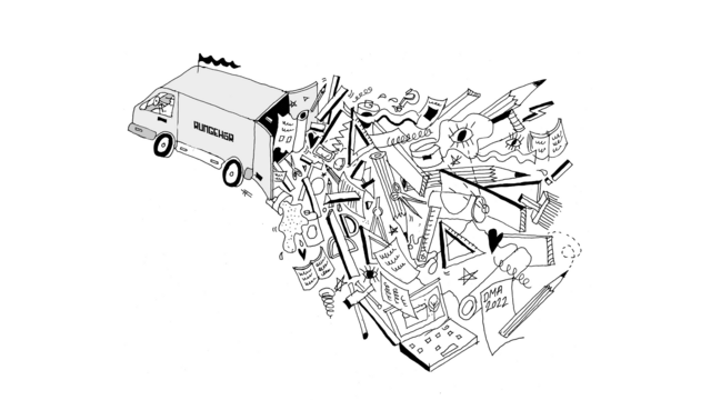 Illustration af varevogn, hvor der vælter linealer og blyanter ud af